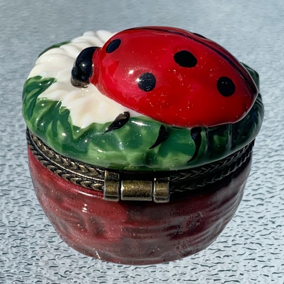 Porcelain Ladybug Floral Colorful Hinged-Lid Trinket Box - Picture 3 of 7